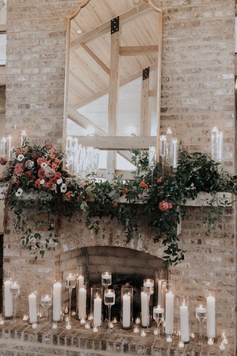 Wedding Fireplace Mantle, Mantle With Candles, Wedding Fireplace Decorations, Mantle Greenery, Ceremony Decorations Indoor, Wedding Mantle, Mantle Candles, Wedding Fireplace, Candles In Fireplace