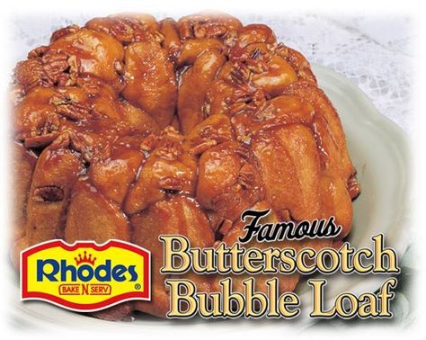 Butterscotch Monkey Bread (aka Butterscoth Bubbleloaf). 24 Rhodes Dinner Rolls, thawed but still cold 1/2 box butterscotch or vanilla pudding mix, non-instant 1/2 cup pecans, chopped 1/2 cup brown sugar 1/2 cup butter or margarine Grands Recipes, Rhodes Rolls Recipes, Bakery Goodies, Rhodes Dinner Rolls, Bubble Bread, Frozen Dinner Rolls, Caramel Rolls, Frozen Bread Dough, Pecan Rolls