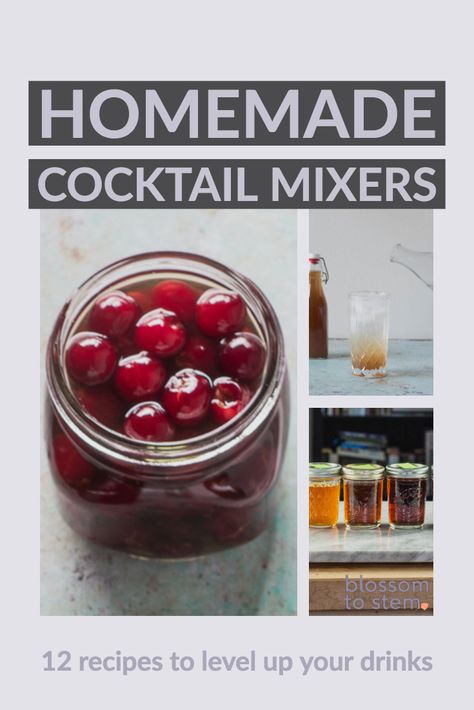 Homemade Cocktail Mixers. 12 recipes for cocktail mixers from simple syrup, to ginger ale, to tonic, to brandied cherries. Bar Drink Ideas, Farro Bowls, Homemade Sour Mix, Homemade Simple Syrup, Alcohol Mixers, Diy Wedding Bar, Drink Mixers, Homemade Ginger Ale, Cocktails For A Crowd