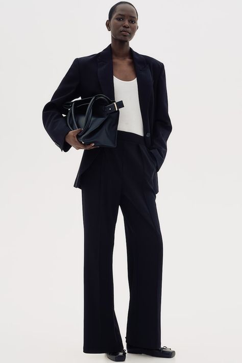 Relaxed-fit, dressy pants in jersey with a high waist. Elasticized waistband, diagonal side pockets, and wide legs with pleats at top and creases at front. High Waisted Dress Pants, Dressy Pants, Wide Legs, Tailored Trousers, Waist Dress, Pants Black, Who What Wear, Fashion Company, World Of Fashion