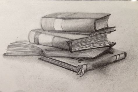 Graphite drawing of stacked books. Fun to draw. Easy Pencil Drawings, Value Drawing, Drawing Eyes, Drawing Faces, Pencil Drawings Easy, Charcoal Art, Book Drawing, Pencil Art Drawings, Flower Doodles