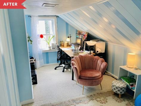 Attic to Home Office Redo - Before and After Home Office | Apartment Therapy Attic Office Space Sloped Ceiling, Small Attic Office, Slanted Ceiling Ideas, Attic Office Space, Attic Remodel Before And After, Attic Office Ideas, Small Attic Spaces, Organized Home Office, Functional Home Office