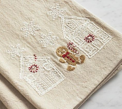 Christmas Tea Towels Embroidery, Preppy Bathroom, Pottery Barn Christmas Decor, Embroidered Tea Towels, Gingerbread Cottage, Tea Towels Embroidery, Gingerbread Bakery, Dream Christmas, Pottery Barn Christmas