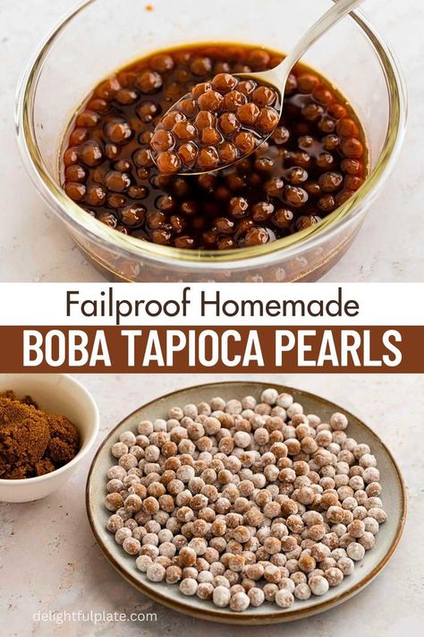 a bowl of homemade black boba pearls in syrup Tapioca Flour Recipes, Homemade Boba, How To Make Boba, Boba Recipe, Bubble Tea Recipe, Boba Pearls, Drink Recipes Nonalcoholic, Bubble Milk Tea, Tapioca Pearls