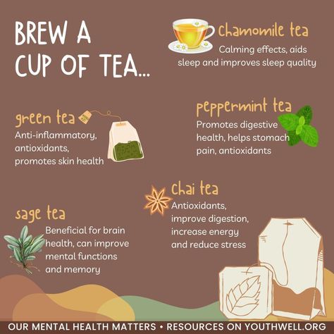 Take a moment to unwind and recharge with a soothing cup of tea. Discover the mental health benefits of different teas, from calming chamomile to invigorating chai. Your mental health matters! 🫖 🌷 #youthwell #santabarbara #santabarbaracounty #ourmentalhealthmatters #mentalhealthawareness #selfcaresunday #wellnessteas Chai Tea Benefits, Different Teas, Sage Tea, Health Tea, Peppermint Tea, Tea Benefits, Chamomile Tea, Improve Sleep Quality, Chai Tea