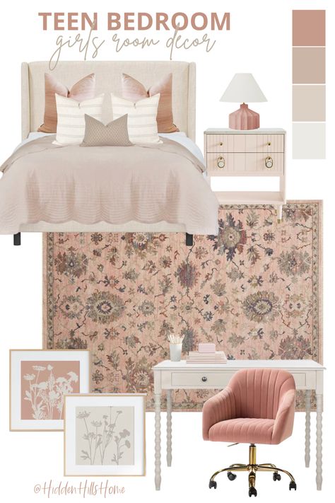 Cute girls bedroom decor mood board with pink accents throughout! This girls bedroom design is girly and fun Girls Bedroom Mood Board, Bedroom Ideas No Headboard, Girls Bedroom Inspiration, Pink Teen Girl Bedroom, Pink Bedroom Accessories, Tilly Upholstered Bed, Dusty Pink Bedroom, Pink Nightstands, Teen Girls Bedroom