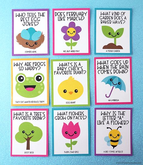 Free Printable Spring Jokes | artsy-fartsy mama Spring Jokes For Kids, Spring Humor, Spring Jokes, Lunch Jokes, Lunchbox Printables, Math Riddles Brain Teasers, Notes For Kids Lunches, Kid Friendly Jokes, Kids Lunch Box Notes