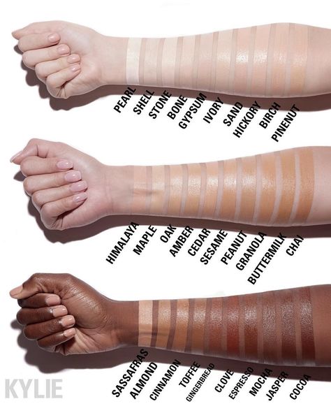 (@kyliecosmetics): “Skin Concealer Swatches. Stay tuned for more throughout the week!” Concealer Swatches, Mac Brave, Mac Velvet Teddy, Best Drugstore Foundation, It Cosmetics Concealer, Kylie Jenner Lipstick, Foundation Shade, Kkw Beauty, Concealer Shades