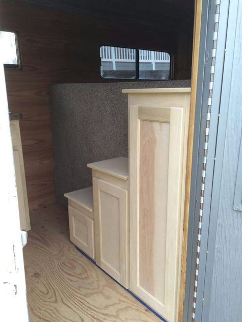 Storage & steps. - probably would only have room for the shorter 2 steps with where the fridge sits in ours Weekender Horse Trailer Remodel, Horse Trailer Remodel, Horse Trailer Interior Remodel, Trailer Upgrades, Horse Trailer Organization, Storage Steps, Trailer Redo, Horse Travel, Horse Transport