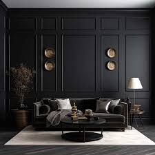 black walls in bedrooms wainscoting ideas - Google Search Charcoal Media Wall, Dark Grey Panelling Living Room, Dark Grey Wainscoting, Black Sitting Room, Wainscoting Ideas Living Room, Big Art Wall, Cottage Basement, Wainscoting Ideas, Painting Resin