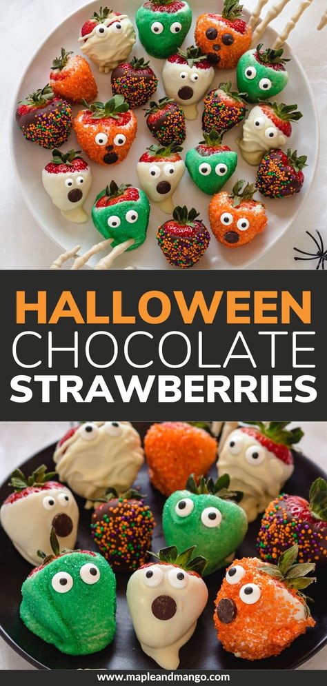 Easy Halloween Chocolate Covered Strawberries! These spooky Halloween Strawberries are a fun and cute Halloween themed dessert or treat that everyone will love! After all, who can resist strawberries dipped in chocolate?! Just 3 ingredients and super easy to make! | www.mapleandmango.com Halloween Themed Dessert, Halloween Strawberries, Halloween Food Party, Halloween Chocolate Covered Strawberries, Strawberries Dipped In Chocolate, Strawberry Halloween, Halloween Apps, Halloween Themed Desserts, Teen Halloween Party