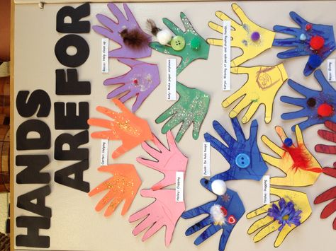 Kindness Lesson, Hands are For board, each student said something nice that hands could be for. Taking Care Of Others Preschool, Hands Are Not For Hitting Activities For Preschool, Hands Are For Helping Craft, Gentle Hands Preschool, Hands Are Not For Hitting Preschool, Caring For Others Preschool Activities, Gentle Hands Activities For Toddlers, Helping Hands Preschool, Hands Are Not For Hitting Activities