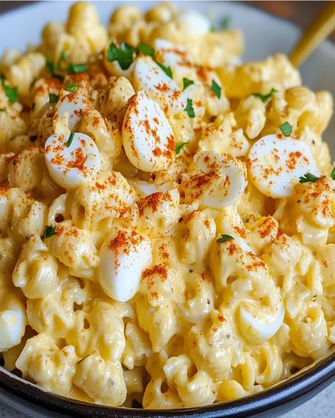 CREAMY DEVILED EGG PASTA DELIGHT - optimal recipes Creamy Deviled Egg Pasta Salad, Deviled Egg Pasta Salad Recipe, Deviled Egg Pasta Salad, Egg Macaroni Salad, Egg Pasta Salad, Optimal Recipes, Jalapeno Deviled Eggs, Boiled Egg Recipes, Best Deviled Eggs