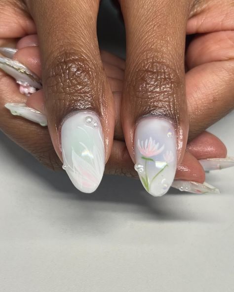 Lotus pond 🪷 ✧ : *✧ :* ✧ *✧: #gelnails #nailinspo #nailinspiration #nailart #naildesigns #nailartinspo #nailsoftheday #gelx #gelxnails #apresgelx #handpaintednails #lotusnails Lotus Nails Art, Lotus Nails Design, Water Lily Nails, Lotus Flower Nails, Lotus Nail Art, Lotus Nails, Nails Xoxo, Grad Nails, Airy Fairy