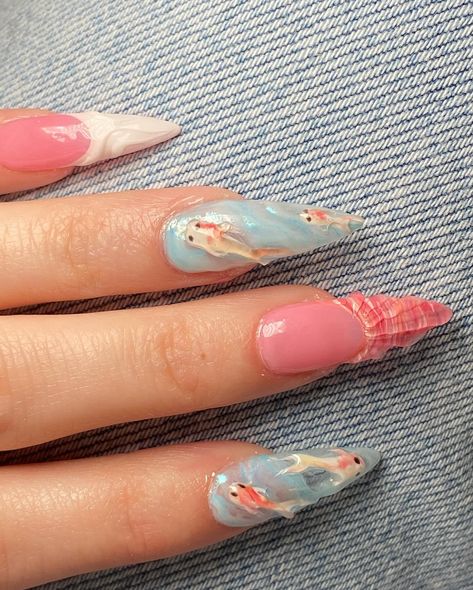 Koi fish inspired nails 🌅🫧🐠🧡 #koifishnails #nails #nailsnailsnails #nailsofinstagram #nailart Koi Fish Nail Design, Fish Inspired Nails, Koi Nails, Koi Fish Nails, Fish Nails, Coy Fish, Beach Nail Art, Beach Nail, Nail Appointment