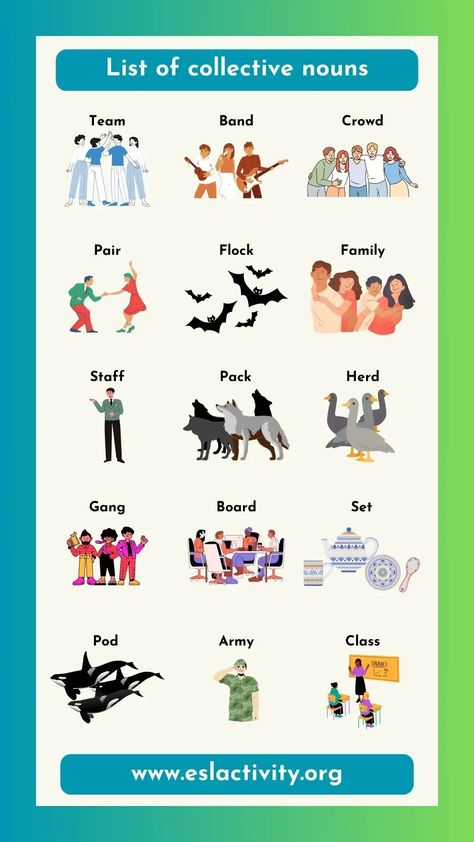 Check out this list of collective nouns. Have some fun learning the names of groups of things in English. #noun #nouns #collective #collectivenoun #collectivenouns #learnenglish #english #learningenglish Toefl Preparation, Toefl Vocabulary, Toefl Exam, Ielts Vocabulary, Basic English Grammar Book, Esl Learning, English Pronunciation Learning, Army Band, Ielts Preparation