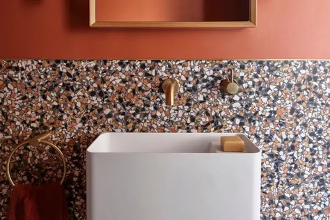 23 Midcentury Modern Bathroom Ideas | Hunker Midcentury Bathroom Vanity Ideas, Small Bathroom Gold Fixtures, Midcentury Modern Powder Room Ideas, Modern Mid Century Bathroom Ideas, Mid Century Powder Room Ideas, Midcentury Powder Room Ideas, Mcm Small Bathroom, Funky Small Bathroom, Mid Century Bathrooms