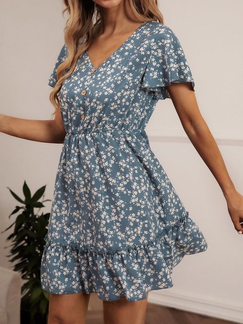 SHEIN VCAY Ditsy Floral Print V-neck Ruffle Hem Dress | SHEIN USA Floral Dresses Short, Ditsy Floral Print, Ruffle Hem Dress, Short Mini Dress, Ditsy Floral, Hem Dress, Belted Dress, Floral Print Dress, Ruffle Hem