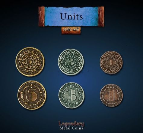 Game Accessories: Units Coin Set Code: DLEDLB-SS0-UNI Manufacturer: Draw Lab Entertainment SRP: $29.99 Thematic metal coin set of the particular theme (24 co Fantasy Currency, Fantasy Money, Dnd Tools, Fantasy Coins, Adventure Quest, Game Info, Copper Coins, Game Accessories, Coin Set