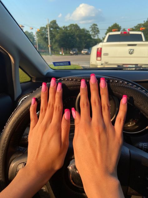 Pink With Pink Tip Nails, Hot Pink Nails By Skin Tone Range, Painted Pink Nails, Squoval Pink French Tip Nails, Light Pink Nails With Dark Pink Tips, Clear Hot Pink Nails, Pink Nails Pink Tips, Light Pink And Hot Pink French Tips, Pink French Tip Nails With Pink Base