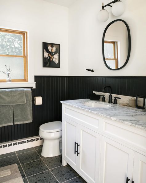 Since I’m on the bathroom train, let’s talk about one of the bathrooms in our Catskills mountain house that I designed. When we first walked the house in ‘21, we were told that the one bathroom in the house was “tastefully updated”. I use air quotes because you never know what people consider tasteful. Suffice to say, tasteful it was not. Yes, installation was new, but they installed floor to ceiling large format tiles from the 80’s. Everything was screaming, “why did you install me” and I kn... Black Trim Bathroom, Black Bead Board, Soaker Tub Shower Combo, Floor To Ceiling Tile, Black Bathrooms, Large Format Tiles, Air Quotes, Catskill Mountains, Hall Bathroom