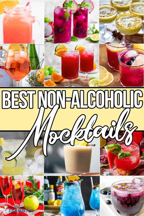 photo collage of easy mocktails with text which reads best non-alcoholic mocktails Mocktails Non Alcoholic Shaken, Cocktail Non Alcoholic Recipes, Mocktail Luau, Sweet Mocktails Non Alcoholic, Sprite Mocktails Non Alcoholic, Hawaii Drinks Non Alcoholic, Mocktails Non Alcoholic To Order At Bar, Non Alcoholic Tiki Drinks, Tropical Mocktails For Luau