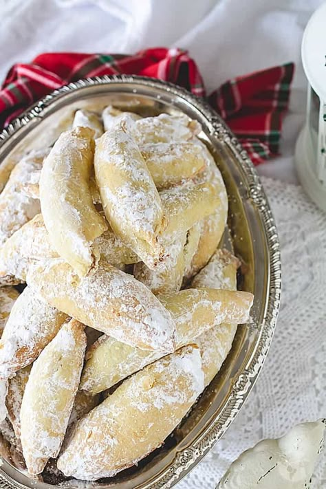 Easy Holiday Polish Walnut Kiflies Recipe | All that's Jas Shrimp Wontons, Polish Cookies, Crescent Cookies, Polish Desserts, Polish Christmas, Walnut Cookies, Wontons, Hungarian Recipes, Polish Recipes