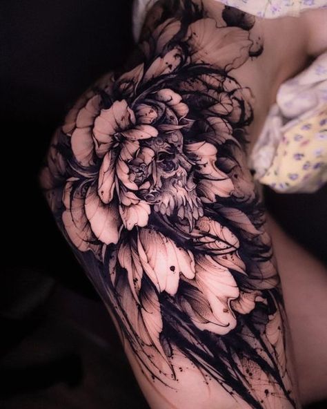 Sick Sleeve Tattoos, Black Work Tattoo Woman, Dark But Beautiful Tattoos, Large Dragon Tattoo For Women, Large Thigh Piece Tattoo, Upper Thigh And Hip Tattoo, Arm Sleeves For Females, Tattoos For Cover Up, Leg Sleeves For Females Black