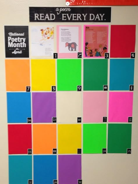 Author Of The Month Display, April Poetry, Morning Announcements, School Library Displays, School Library Ideas, Library Bulletin Board, Middle School Libraries, Short Poem, Library Display Ideas