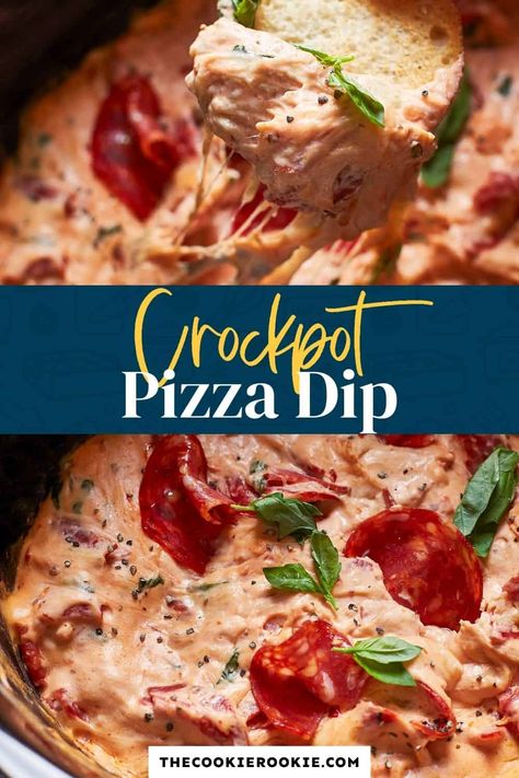 You can't beat Slow Cooker Pepperoni Pizza Dip! Full of flavor and fun, and SO easy! I love this cheesy dip full of pepperonis, basil, and more. Make will all your favorite flavors! Pizza Dip In Crock Pot, Merry Dipmas Ideas, Mini Crockpot Dips, Crock Pot Pizza Dip, Slow Cooker Dips And Appetizers, Merry Dipmas, Italian Dips, Crockpot Pizza Dip, Pizza Dips