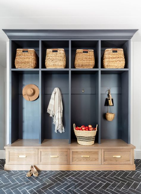 Navy Mudroom, Small Coat Closet, House Of Jade Interiors, Mudroom Lockers, Glass Front Cabinets, White Shiplap, Herringbone Floor, Grey Kitchen Cabinets, Large Shower