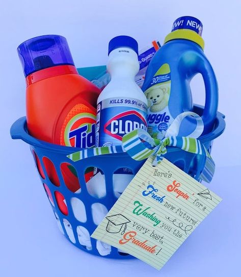 Grad Diy Gifts, Cleaning Buisness, Bingo Prize Ideas, Graduation Basket, College Gift Baskets, Graduation Tags, Housewarming Ideas, Grad Diy, Laundry Gifts