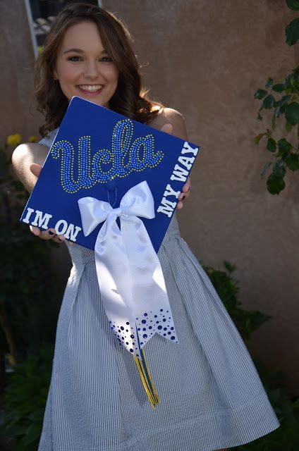 UCLA Decorated Graduation Cap // Practically Imperfect // www ... Ucla Grad Cap, Simple Grad Cap Ideas High School, Ucla Dorm, Rhinestone Graduation Cap, Grad Hats, California University, College Graduation Cap Decoration, Grad Hat, Diy Graduation Cap