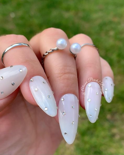 White Nails With Silver Designs Almond, White Glittery Almond Nails, Pearl White Acrylic Nails Almond, Prom Nails White And Silver Almond, White Shimmer Almond Nails, Milky Nails, Studded Nails, Nail Buffer, Bridal Nails