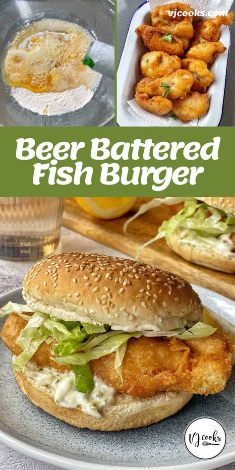 Crispy, beer-battered fish served in a sesame bun with creamy tartare sauce and crunchy fresh lettuce. Fish Burgers, Beer Batter Recipe For Fish, Non Beer Batter For Fish, Beer Battered Fish Sandwich, Beer Batter For Fish, Best Beer Battered Fish, Fish Burger Recipe, Summer Burgers, Fish Burger