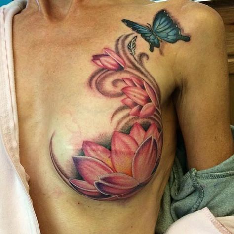 I thought how they did the shading around the lotus was really neat- like there is an areola hiding under there... Mastectomy Scar Tattoo, Miniature Tattoos, Mastectomy Scars, Survivor Tattoo, Mastectomy Tattoo, Scar Cover Up, Tattoos To Cover Scars, Scar Tattoo, Ribbon Tattoos