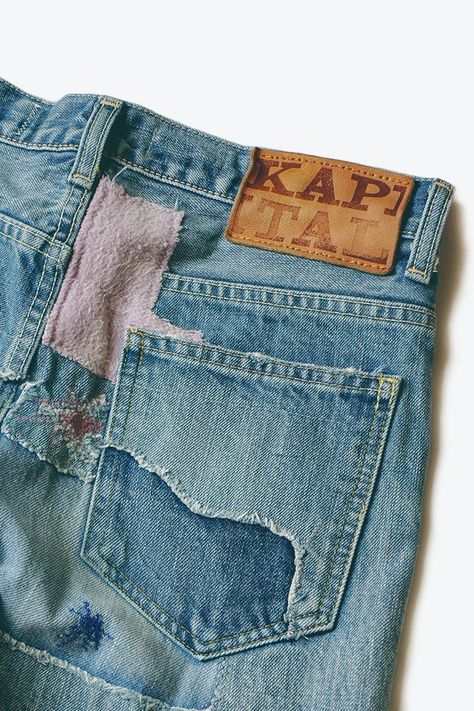 Japanese Americana, Kapital Denim, Jean Patches, Visible Mending, Custom Jeans, Pants Sewing Pattern, Patchwork Denim, Streetwear Shop, Japanese Denim