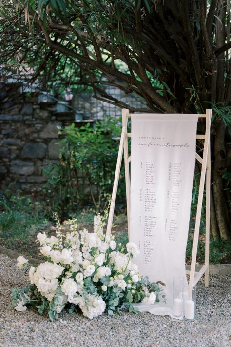 This Wedding On Lake Como Is The Epitome Of Timeless Style Fabric Table Plan Wedding, Linen Table Numbers, Linen Seating Chart, Linen Wedding Sign, Fabric Seating Chart, Creative Seating, 2026 Wedding, Wedding On Lake, Cozy Wedding