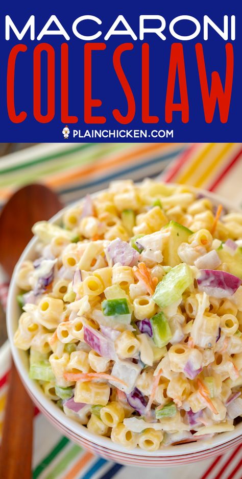 Macaroni Coleslaw - two favorites combined into one! Great make ahead side dish for potlucks and cookouts. Pasta, coleslaw mix, onion, celery, bell pepper, zucchini, water chestnuts, Miracle Whip, sugar, cider vinegar, salt and pepper. I never have any leftovers! SO good! #sidedish #potluck #pastasalad Pasta Coleslaw, Zucchini Water, Macaroni Coleslaw, Macaroni Salads, Savory Dips, Cold Salads, Potluck Side Dishes, Nashville Hot Chicken, Greek Salad Pasta