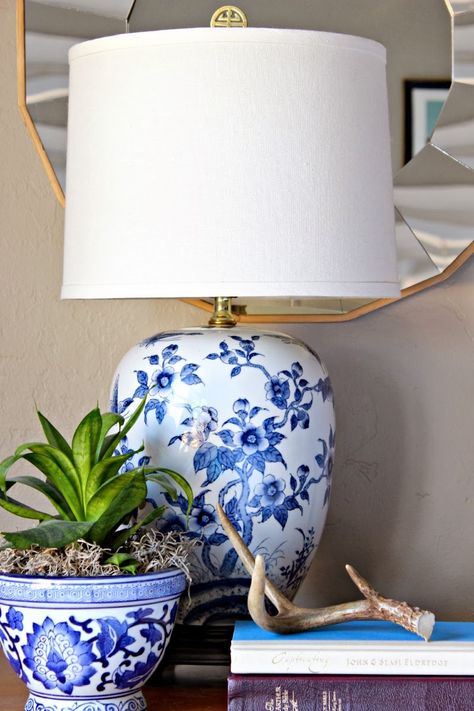 Dimples and Tangles: NEW SMALL PROJECTS & A MILLION SPARKLES Ginger Jars Decor, Blue And White Lamps, Blue And White Lamp, Jars Decor, Fancy Living Rooms, White Lamps, Blue And White Living Room, Asian Rice, White Lampshade