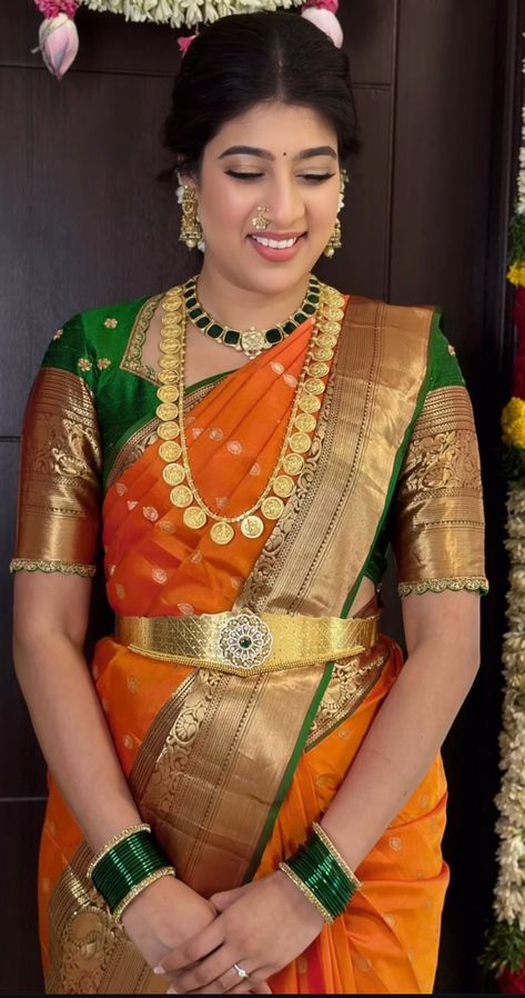 Telugu Wedding Guest Saree, Light Pink Pattu Saree, Princess Blouse Designs, Orange Saree Look, Kanchi Pattu Saree Wedding, Orange Pattu Saree, Pattu Blouse Designs, Orange Silk Saree, Kasula Peru