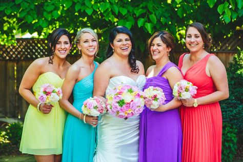 multicolored bridesmaids dresses // photo by The Goodness // View more: http://ruffledblog.com/colorful-foresthill-wedding/ Rainbow Bridesmaid Dresses, Rainbow Bridesmaids, Rainbow Wedding Theme, Infinity Dress Bridesmaid, Bridesmaid Ideas, Rainbow Wedding, Wedding Shot, Spring Weddings, Wedding Clothes