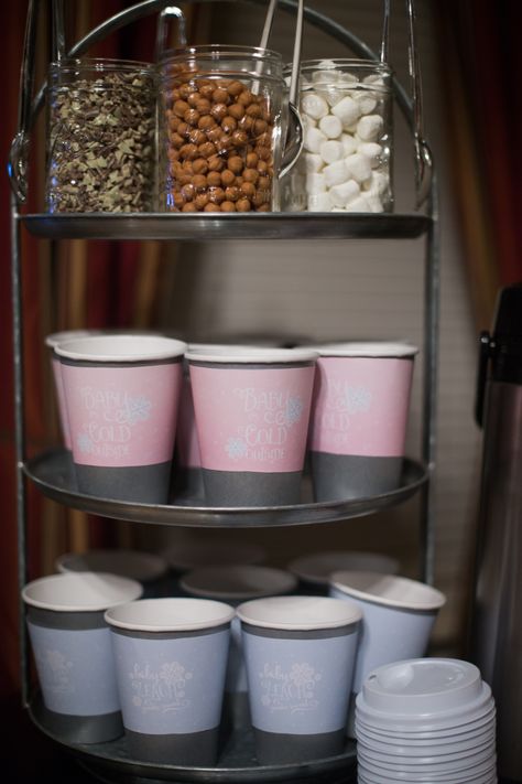 Hot Cocoa Gender Reveal, Hot Chocolate Bar Gender Reveal, Baby Its Cold Outside Gender Reveal, Gender Reveal Hot Chocolate Bar, Gender Reveal Party Winter Theme, Baby It’s Cold Outside Gender Reveal, Birthday Hot Chocolate Bar, Gender Reveal Winter Theme, Wedding Hot Chocolate Bar