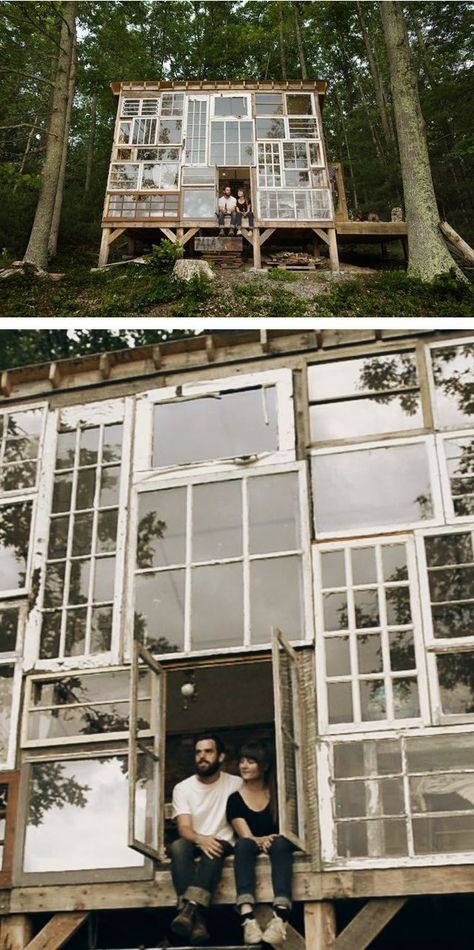 Cabin built for $500 with re-purposed windows in the mountains of West Virginia (with probably very little energy efficiency, but hey, it's pretty). Recycled Windows, Repurposed Windows, Glass Cabin, Old Windows, Photo Style, Garden Cottage, Window Wall, Cabins In The Woods, Pinterest Marketing