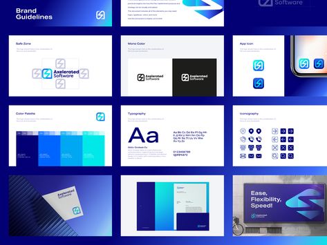 Axelerated Software Brand Guidelines by Elif Kameşoğlu Software Brand Identity, Microsoft Branding, Software Branding, Software Company Logo, Brand Guidelines Book, Logo Guidelines, Brand Guidelines Design, Book Design Inspiration, Powerpoint Slide Designs