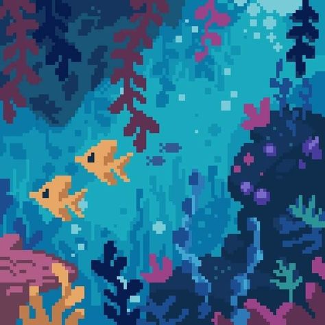 Aquatic Pixel Art, Pixel Art Underwater, Fish Phone Theme, Water Pixel Art, Sea Pixel Art, Jellyfish Pixel Art, Ocean Pixel Art, Pixel Ocean, Pixel Fish