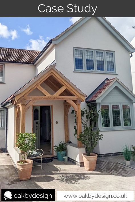 This beautiful open oak porch has diagonal braces on the tie and also additional curved brackets to the side elevations, plus we engraved the house name on the main horizontal tie beam

#oakbydesign #oakporch #porch #madeinyorkshire Oak Porches, Porch Oak, Oak Porch, Oak Framed Buildings, Engineered Oak Flooring, House Name, House Names, Oak Doors, The Vision