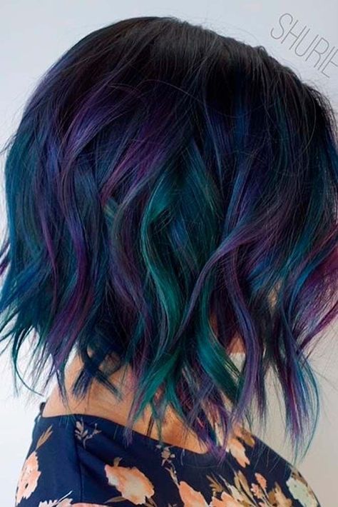 Short Hair Rainbow Color, Balayage For Short Hair, Peacock Hair Color, Peacock Hair, Galaxy Hair, Luxurious Hair, Dimensional Color, Fun Hair, Short Wavy Hair