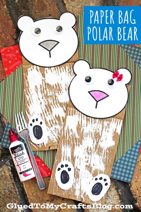 Paper Bag Polar Bear Craft Bear Puppet, Fork Crafts, Craft With Paper, Polar Bear Card, Kindergarten Art Activities, Polar Bear Craft, Bear Craft, Polar Bear Art, Winter Paper