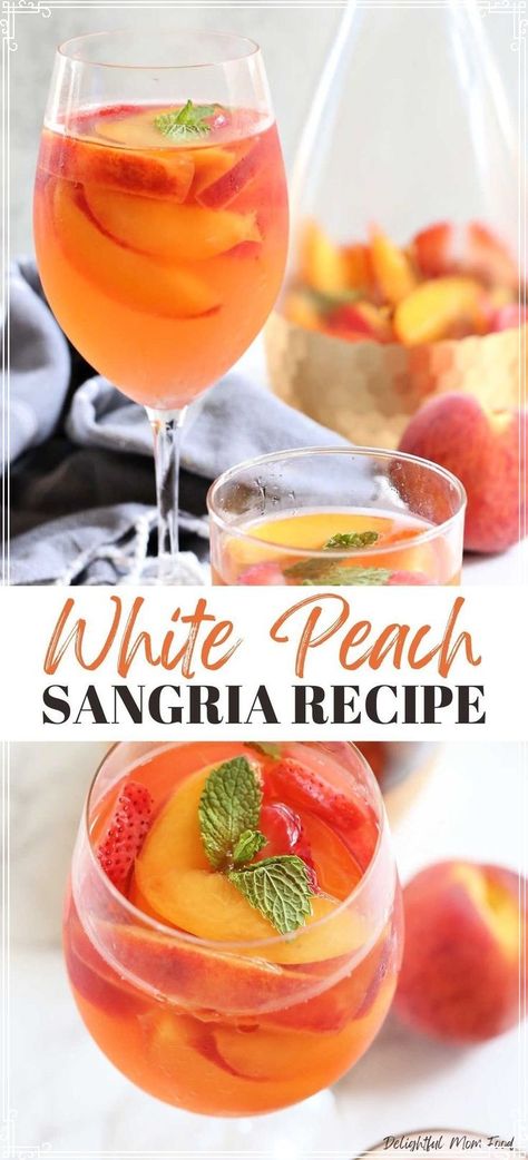 White Peach Sangria Recipe, Peach Sangria Recipe, Peach Sangria Recipes, White Peach Sangria, White Sangria Recipe, Cocktail Drinks Alcoholic, Peach Sangria, Sangria Recipe, Yummy Alcoholic Drinks